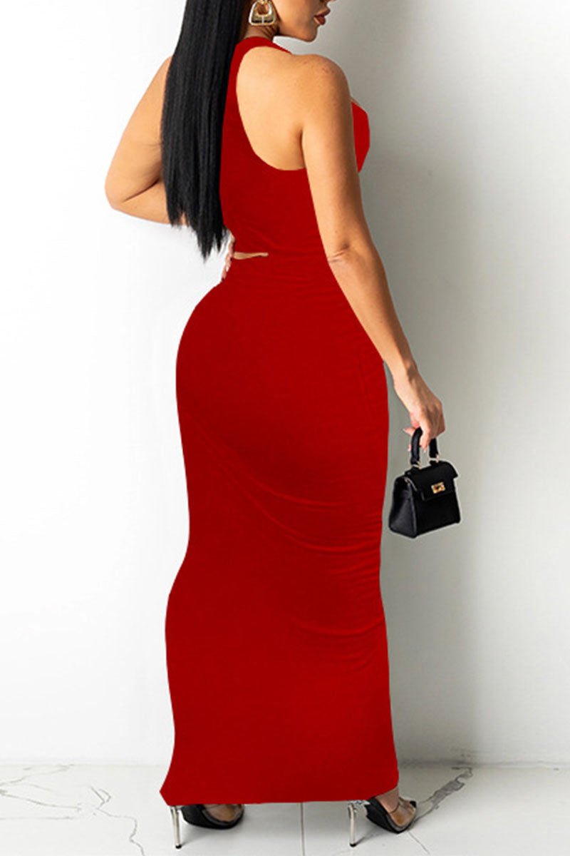 Sexy Solid Bandage Hollowed Out Split Joint Oblique Collar Pencil Skirt Dresses