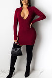 Fashion Casual Zipper Tight-Fitting Hip Wine Red Dress