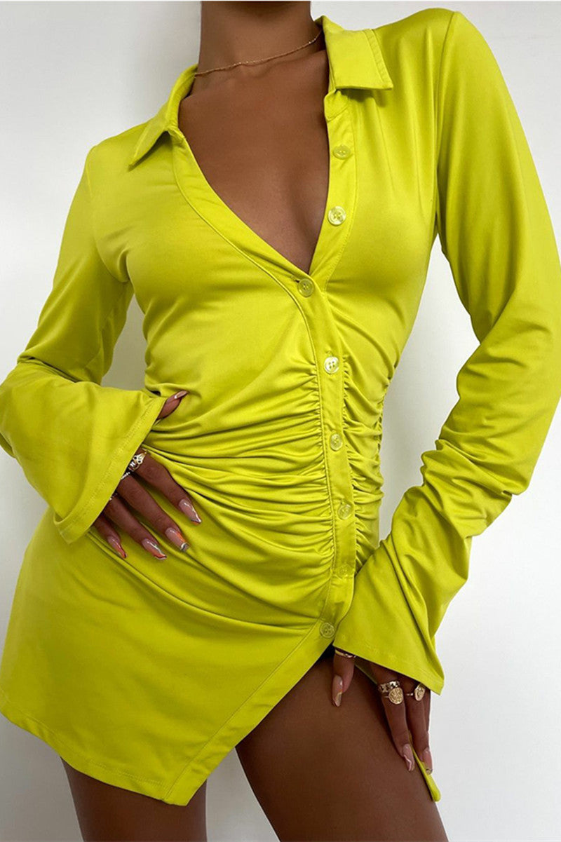Fashion Sexy Solid Fold Turndown Collar Long Sleeve Dresses