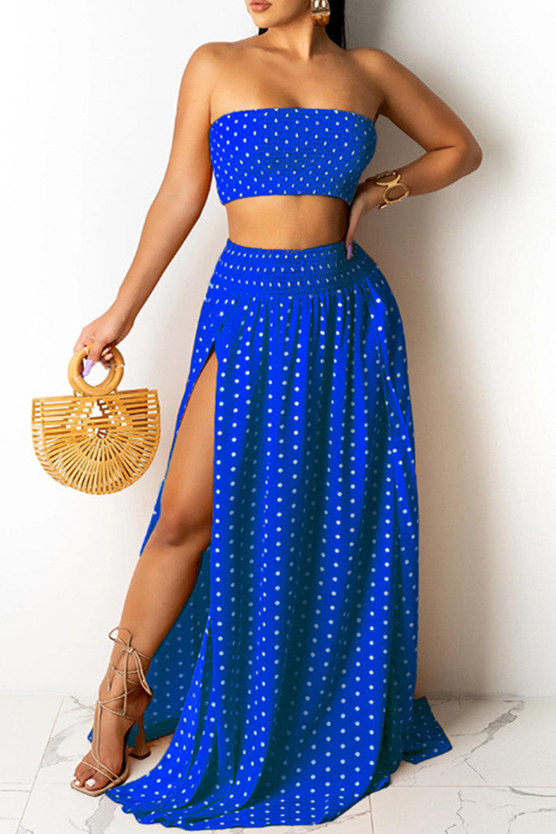Fashion Sexy Dot Print Backless Slit Strapless Sleeveless Two Pieces