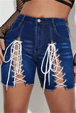 Fashion Casual Solid Bandage High Waist Skinny Denim Shorts