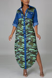 Fashion Casual Camouflage Print Split Joint Turndown Collar Long Sleeve Dress