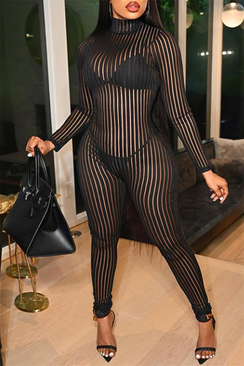 Fashion Sexy Striped See-through Turtleneck Jumpsuits