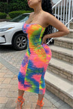 Sexy Off The Shoulder Sleeveless Strapless Printed Dress Mid Calf Print Tie Dye Dresses