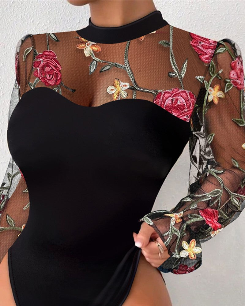 Floral Embroidery Sheer Mesh Bodysuit