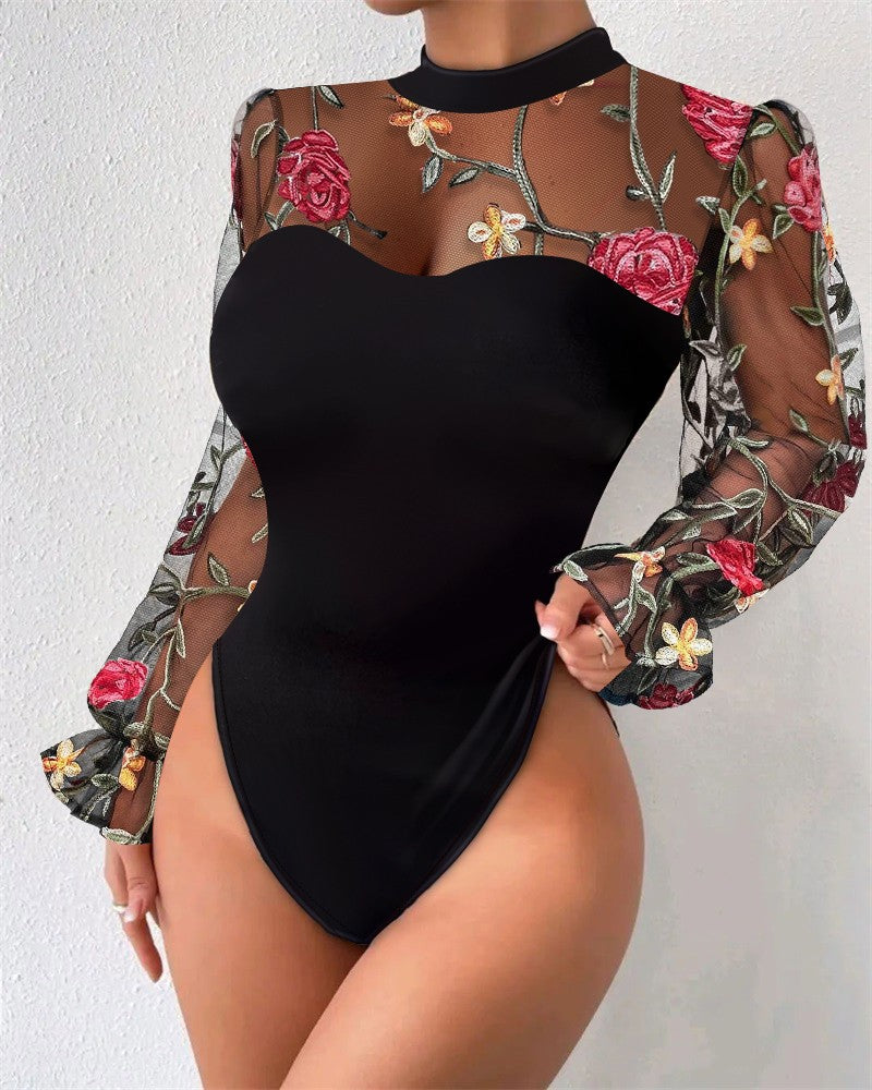 Floral Embroidery Sheer Mesh Bodysuit