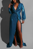 Sexy Fashion Long Sleeve Blue V-Neck Dress