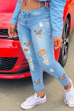 Casual Butterfly Print Ripped High Waist Skinny Denim Jeans