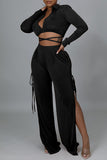 Sexy Solid Split Joint Frenulum Slit V Neck Long Sleeve Two Pieces