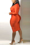 Waist Slim Solid Color V-Neck Orange Dress