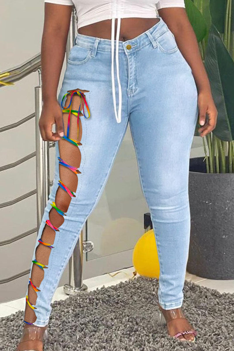 Street Solid Bandage Hollowed Out Split Joint Plus Size Jeans