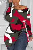 Zipped Slouchy neckline Red Fashion Sexy Camouflage Long-Sleeved T-Shirt