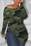 Zipped Slouchy neckline Red Fashion Sexy Camouflage Long-Sleeved T-Shirt