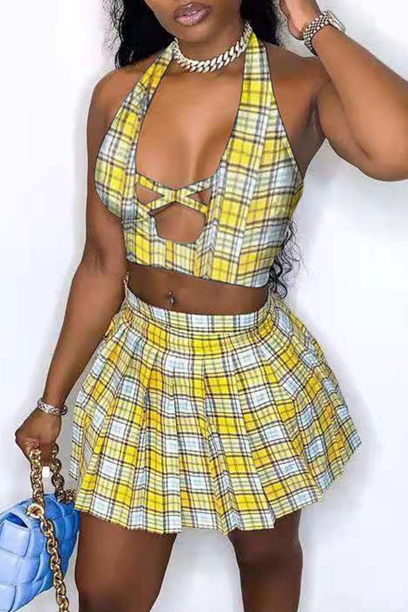 Fashion Sexy Plaid Print Hollowed Out Backless Halter Sleeveless Two Pieces