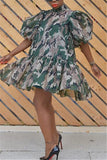 Casual Lantern Sleeve Short Sleeve Mandarin Collar Printed Dress Mini Print Dresses