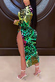 Sexy Long Sleeves O neck Asymmetrical Ankle-Length Print Leopard split Tie and dye chain Dresses