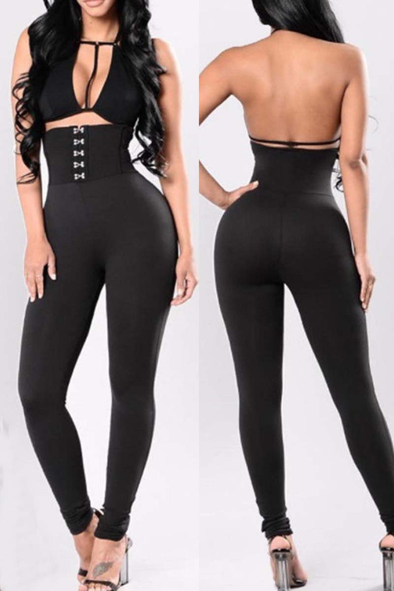 Fashion Casual Solid Buckle Skinny High Waist Pencil Trousers