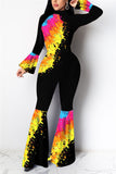 Casual Polyester Print O Neck Boot Cut Jumpsuits