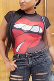 Sexy Perspective Mouth Print Black Mesh T-Shirt