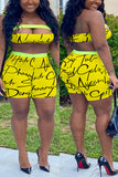 Sexy Printed Strapless Top Shorts Yellow Set