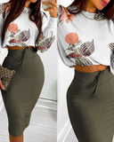 Floral Print Long Sleeve Crop Top & Drawstring Skirt Set