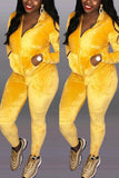Fashion Velvet Zipper Lapel Yellow Two Piece Suit
