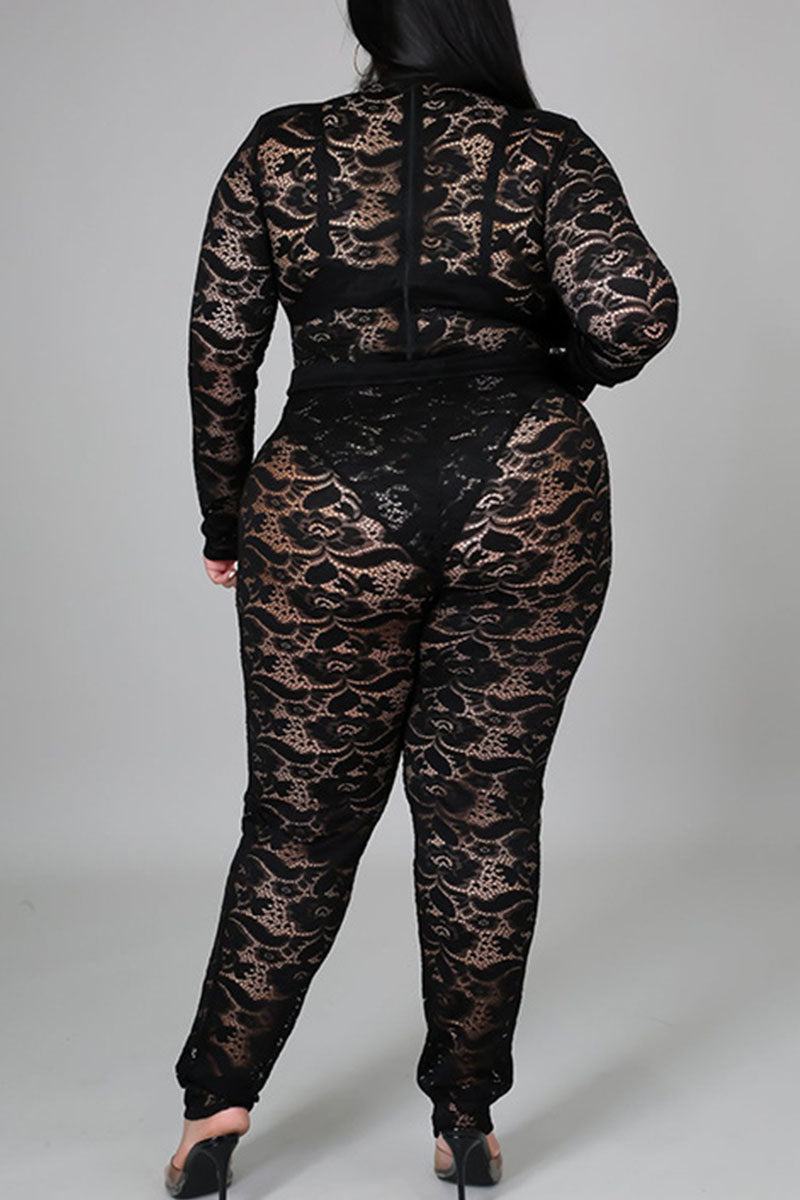 Sexy Solid Split Joint See-through O Neck Plus Size Two Pieces