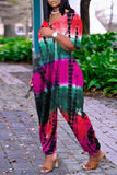 Fashion Casual Print Tie Dye Basic V Neck Loose Jumpsuits