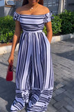 Casual Daily Simplicity Striped Patchwork Off the Shoulder Regular Jumpsuits