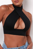 Sexy Solid Bandage Hollowed Out Split Joint Halter Tops