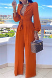 Casual Button Solid Draped Knitting Long Sleeve V Neck Jumpsuits
