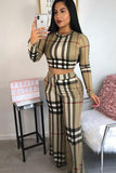 Cotton Sexy Fashion adult Plaid Two Piece Suits Print Straight Long Sleeve