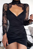 Fashion Sexy Lace Patchwork Black Long Sleeve Dress