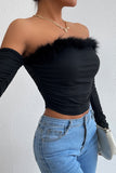 Sexy Elegant Solid Feathers Off the Shoulder Tops