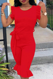 Casual Solid Flounce O Neck Regular Jumpsuits