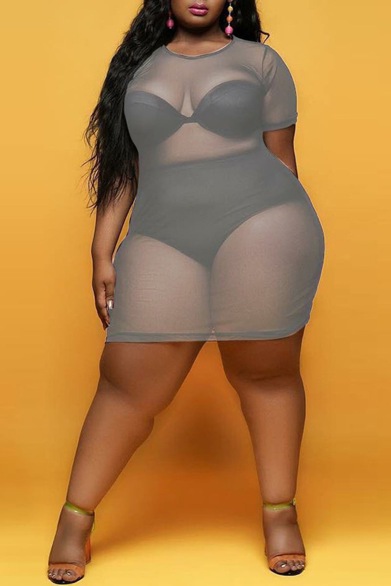 Sexy Plus Size Solid See-through O Neck Short Sleeve Dress