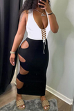 Sexy Color Block Hollowed Out V Neck Pencil Skirt Dresses