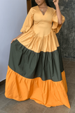 Casual Color Lump Patchwork Patchwork Fold V Neck Long Dress Dresses