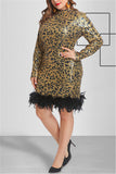 Fashion Sexy Sequined Yellow Leopard Long Sleeve Dress