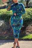 Fashion Long Sleeve Round Collar Multicolor Print Dress