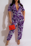 Casual Camouflage Print Patchwork Turndown Collar Harlan Jumpsuits