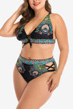 Fashion Sexy V Neck Sleeveless Spaghetti Strap Print Plus Size Swimwears