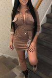 Casual Buttons Brown Blending  Mini  Dress(With Belt)