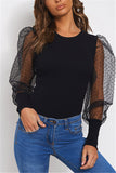 Sexy Fashion Solid Mesh Patchwork perspective Polka Dot Polyester Long Sleeve O Neck