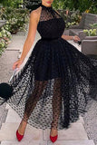 Fashion Sexy Dot Solid Split Joint See-through O Neck Sleeveless Dress Dresses