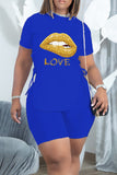 Fashion Casual Letter Lips Printed Bandage Slit O Neck Short Sleeve Two Pieces