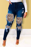 Casual Street Patchwork Print Leopard Ripped Make Old Split Joint Pants Basic High Waist Skinny Denim