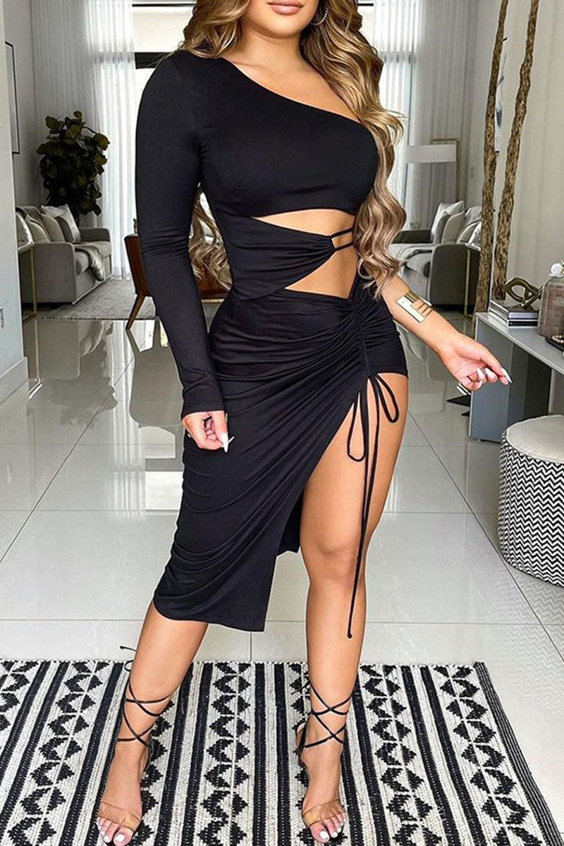 Sexy Solid Hollowed Out Split Joint Draw String Fold Asymmetrical Oblique Collar One Step Skirt Dresses