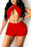 Sexy Solid Bandage Hollowed Out Split Joint Halter Sleeveless Two Pieces