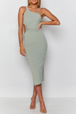 Sexy Solid High Opening One Shoulder Pencil Skirt Dresses